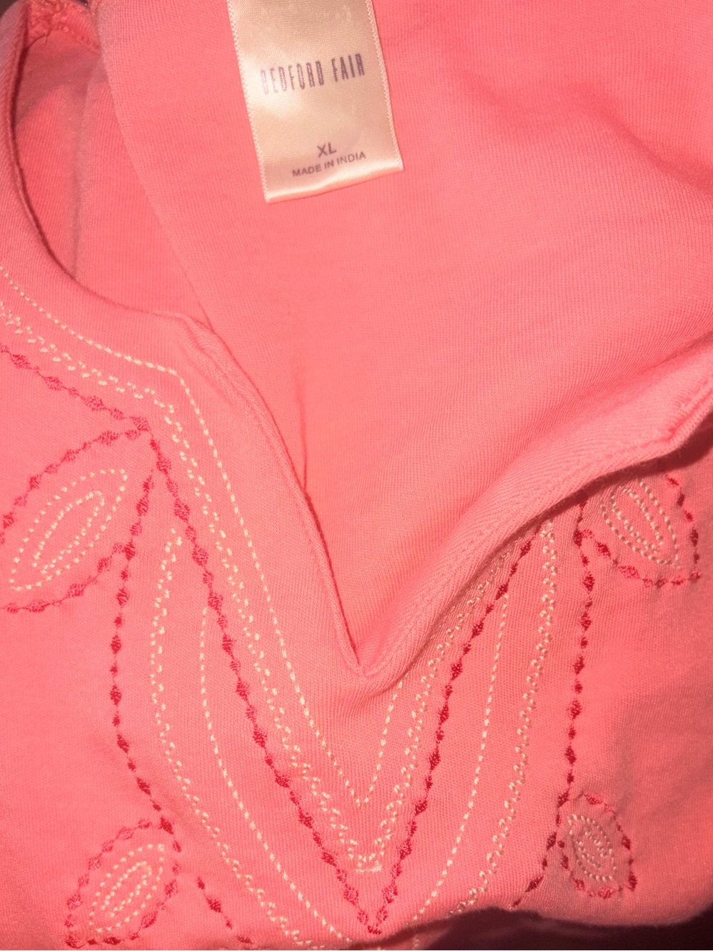 Bedford Fair Cotton Blend Tribal Embroidered V-Neck Tee - Coral Pink - Size XL - Picture 6 of 6